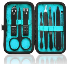 9-in-1 Stainless Steel Manicure Set, Nail Clippers, Scissors, Pedicure Kit, Blue