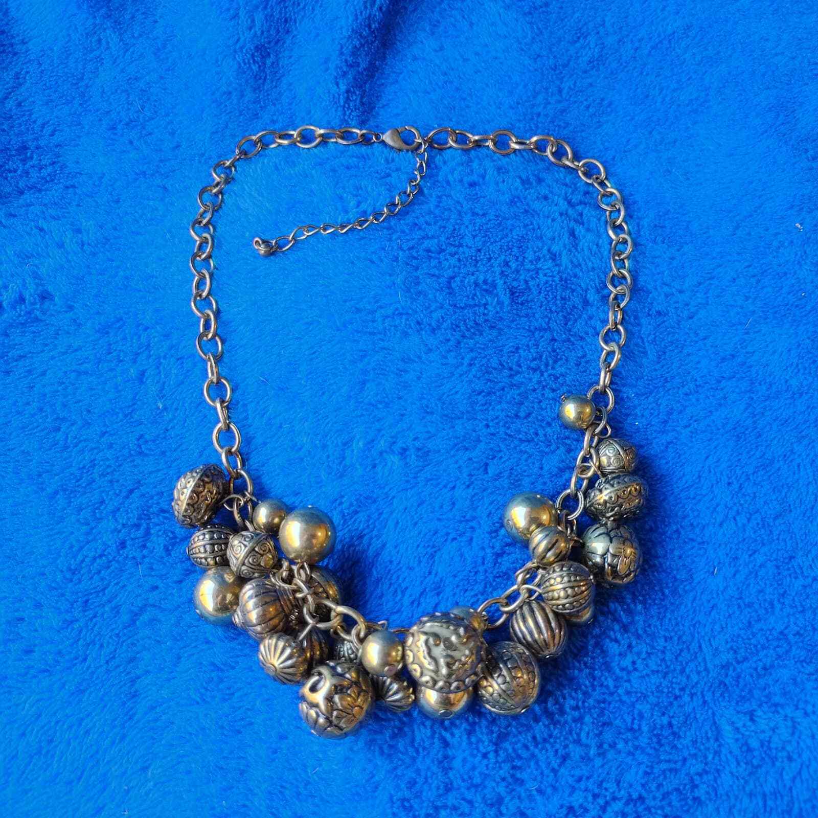 Cluster Carved Bronze Metal Beaded Charm Chunky Statement Necklace