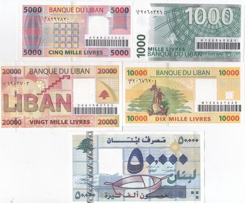 Lebanon set 5 banknotes 1000 5000 10000 20000 50000 Livres 2004 - 2008 aUNC/ UNC - Picture 2 of 2