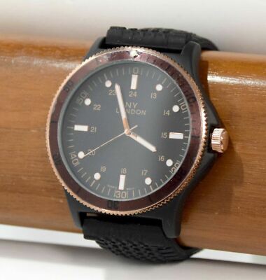 NEW NY London 9809 Brown Coin Edge Bezel Black Tire Tread Silicone Band Watch