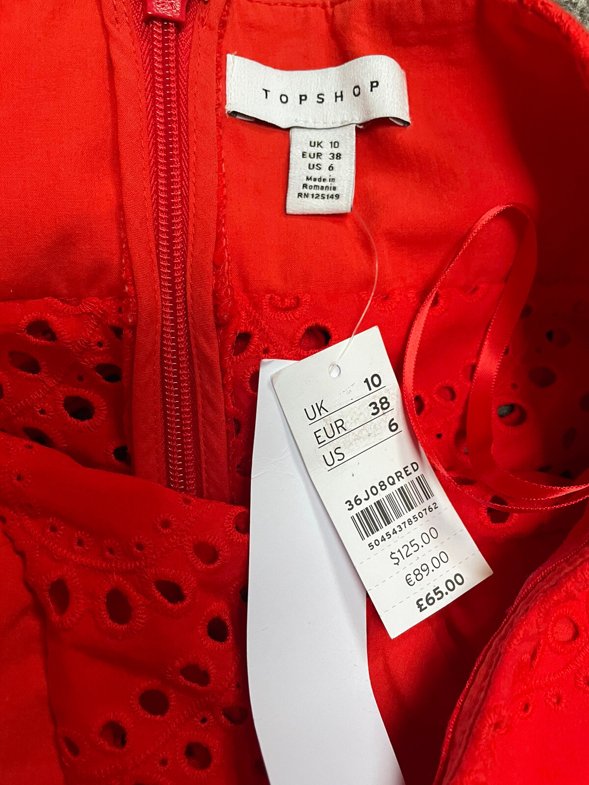 TOPSHOP Red Embroidered Strapless Lined Zip Back Playsuit Size UK 10 BNWT RRP£65 image 3