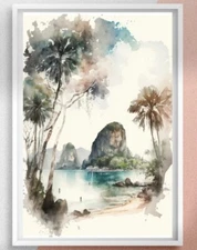 Phuket Thailand Watercolor Painting, Asian Beach Printable Wall Art and Island