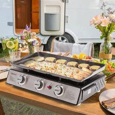 Royal Gourmet 24" 3-Burner Gas Griddle Grill, Portable BBQ for Camping & Tailgat