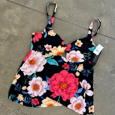 DREAM by Miraclesuit Black Floral Print Cutout Tankini Swim Top Size 14