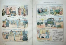 Original Old Antique Print 1883 Colour Sea-Side Men Woman Horse Coach Sun 19th