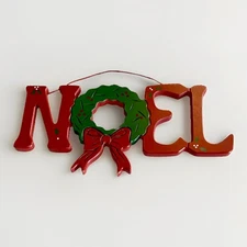 VTG Christmas NOEL Wooden Sign Folk Art Green Wreath Red Bow Door / Wall Hanging