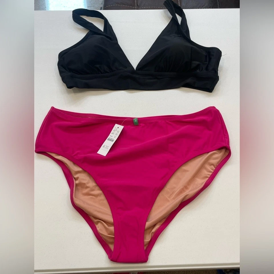 NEU! Bikini Set XXL 2X Aerie Schwarz Triangel Gepolstert Oberteil J.Crew Rosa Unterteil Strand