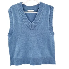 Oak + Fort Light Blue Pullover V-Neck Ribbed Detail Sweater Vest Women's Size XS