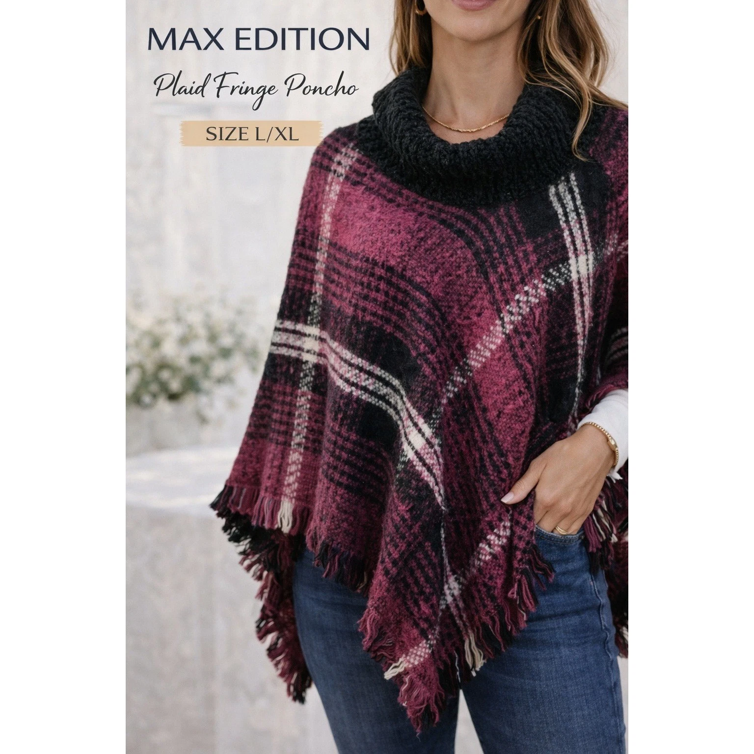 Max Edition Women's Poncho L/XL Burgundy Plaid Cowl Neck Fringe Cozy Wrap casual