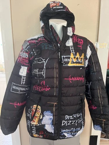 🎨JEAN MICHEL BASQUIAT Jacket Graffiti Black  NYC Artist Men’s  XL Quilted🖌️ - product listing photo