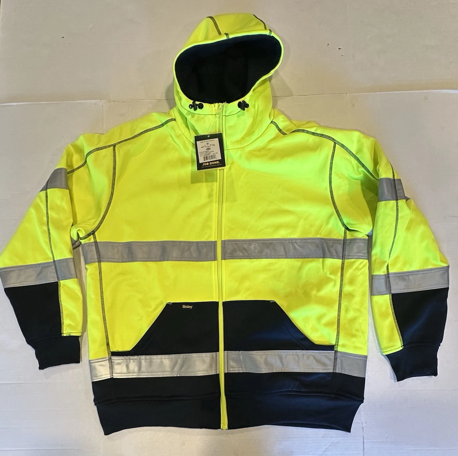 Bisley Workwear Jacket Hooded Zipper ANSI 107 R Class 3 Yellow Navy Reflect 2XL - product detail image 2