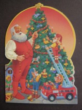 1980s vintage greeting card Gibson diecut CHRISTMAS Santa & Elves Decorate Tree