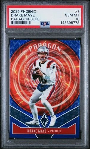 2025 Panini Phoenix - Paragon Drake Maye #7 Blue /199 PSA 10