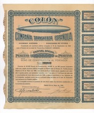 COLON Cia. Transaerea Espanola S.A. – 6% obligacja właściciela ponad 250 peset, 1928