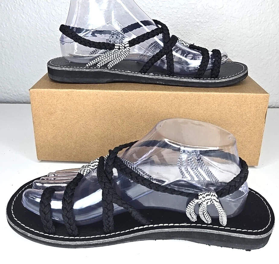 Sandalias planas para mujer Plaka hoja de palma talla 10 negras cebra playa boho (7) Foto 3 de 4