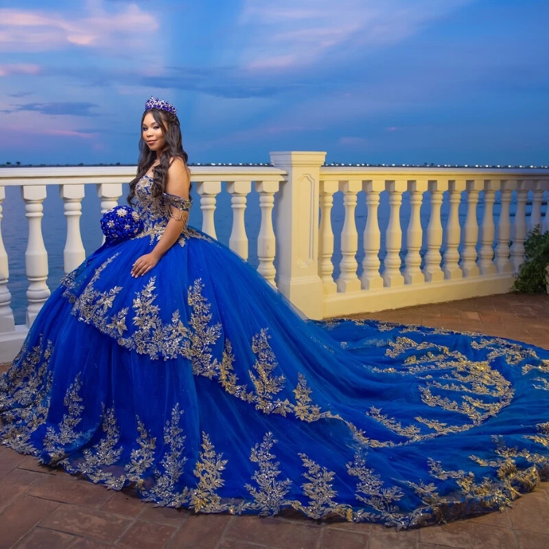 Vestido de Quinceañera Azul Brillante Vestido de Baile Apliques Encaje Cuentas Cristal Tull Sweet16