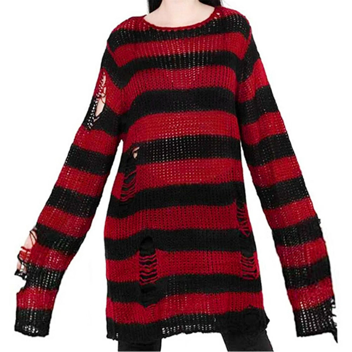 Womens Gothic Striped Ripped Hole Long Sweater Punk Red Round Neck Pullover  Tops | eBay