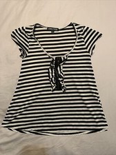 LIVING DOLL Black/White Striped Top w/front ruffle and zipper - Size S