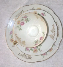 Bareuther Germany  Dessert Set Plate Cup saucer Pink rose  mum  Scallop Gold Rim