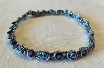 PZ 925 AMETHYST ROSE BUD STERLING TENNIS BRACELET 8 inch