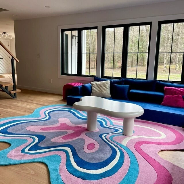 Alfombra de lana de forma irregular, Amoeba rosa-azul, alfombra de lana acolchada a mano 5X5 Foto 2 de 4