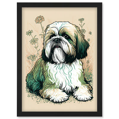 Shih Tzu Hund Gänseblümchen bunt Linolschnitt gerahmt Wandbild Bild Druck A4