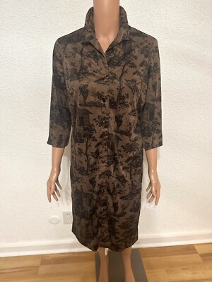 Vintage 1950s Robe Silky Lined House Dress Toile Print Boston Maid Label  Size S