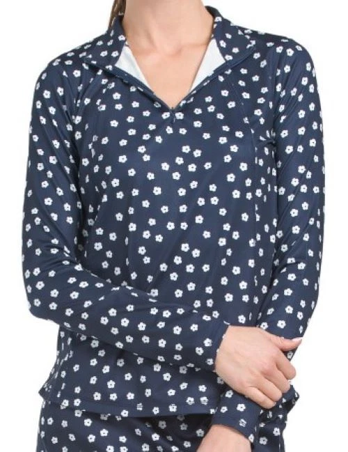NWT Ladies BELYN KEY Navy Floral Glacier Long Sleeve Mock Golf Shirt XS S M L XL