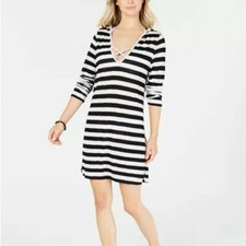 Miken Swimsuit Cover-Up Dress Hooded Black White Striped Size Medium NEW