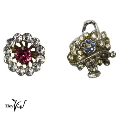 Two Vintage Scatter Pins Basket w Flowers and Round Rhinestone 5/8'' - Hey Viv