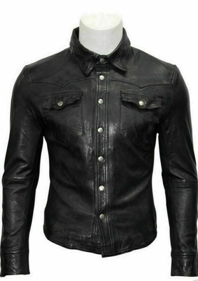 Lo último Para hombres Genuino Piel de Cordero Cuero Puro Camisa Elegante Sua...