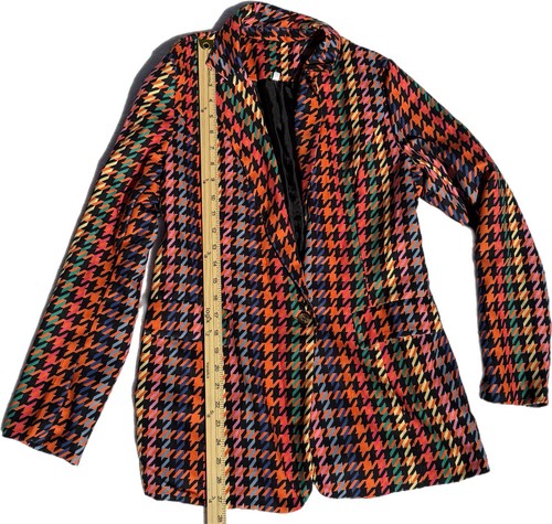 Women's Multicolor Houndstooth Blazer Collared Lined Mid-Length-M - unique