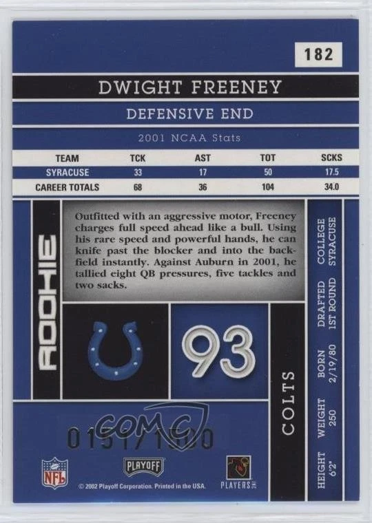 2002 Playoff Absolute Memorabilia /1500 Dwight Freeney #182 Rookie RC HOF - Image 2 of 2