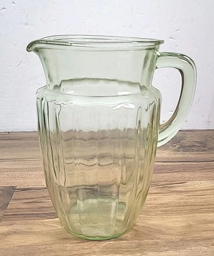 Vintage Anchor Hocking  Green Uranium Depression Glass Pitcher  Pillar Pattern