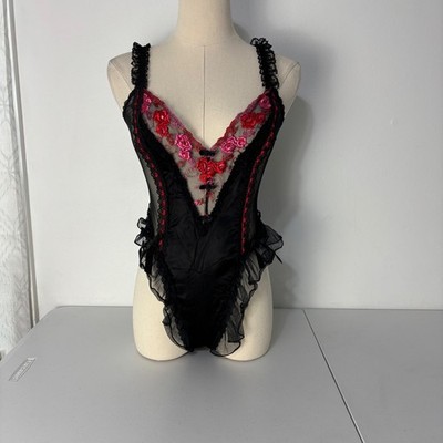 Frederick's of Hollywood Teddy Coquette Gothic Floral Mesh Ruffle Lace Women M