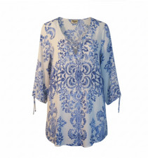 Show Me Your Mumu Tunic Top Sz S Blue White Boho Lace Up V Neck 3/4 Sleeve
