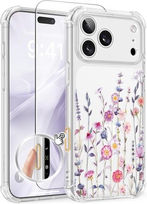 iPhone 17 Pro Max Case with Screen Protector, Floral Slim Shockproof Clear Cover