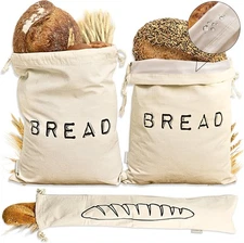 Reusable Bread Bags 3-Pack, Cotton & Baguette Bag w/ TPU Liner, Freezer Safe