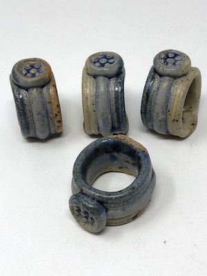 Studio Pottery Napkin Rings Blue Applied Flower Boho Rustic Brutalist Set of 4