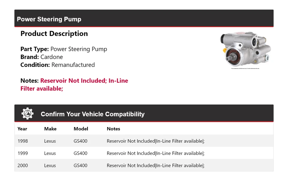 Bomba de dirección asistida Cardone 1999 para Lexus GS400 1998-2000 Foto 2 de 4