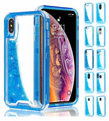 For Cell Phone - Waterfall Glitter Liquid ShockProof Hybrid Cover Case - Blue