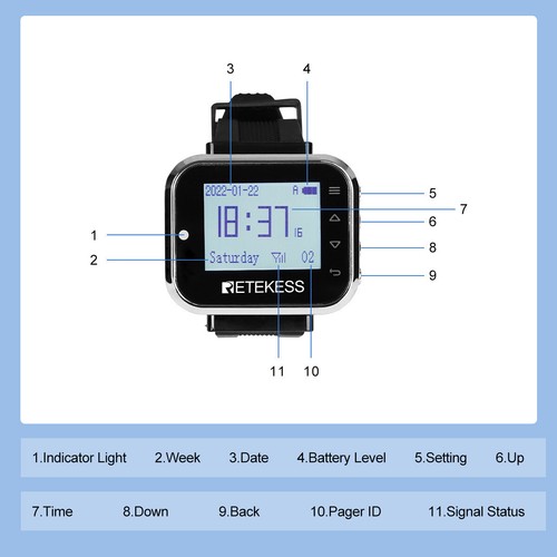 Retekess TD110 Sistema de Llamadas de Restaurante 2 Reloj de Pulsera 10X Barra de Botones de Llamada de 4 Teclas - Imagen 11 de 11