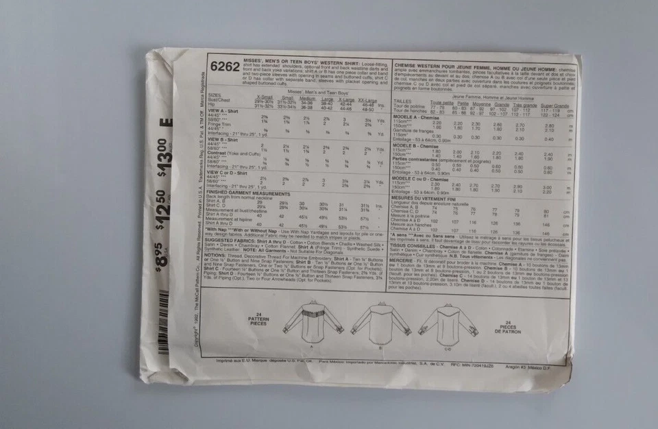 VINTAGE McCALL'S #6262 MEN'S & MISSES SIZES 31.5, 32.5 Western SHIRTS PATTERN UC - Image 2 of 3