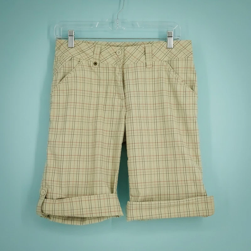 lole plaid print cuffed roll tab active hiking shorts