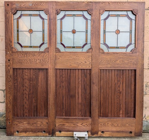 79"x78"x1.75" Vintage Old SOLID Oak Room Divider Wall Panel Stained Glass Window