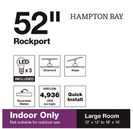 NEW!! HAMPTON BAY Rockport 52 in. Indoor LED Matte White Ceiling Fan with Light - Image 3 of 4