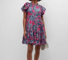 Love The Label Liana Ruffle-Sleeve Pink Blue Floral Mini Dress Women's Medium