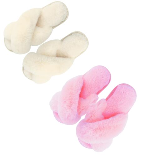 Women's Fuzzy Slippers Cross Band Memory Foam House Slippers Open Toe