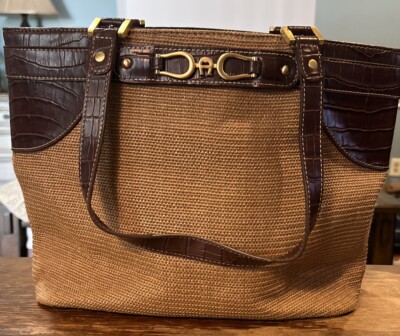 Etienne Aigner Woven Square Tote Bag Brown Crocodile Trim Summer Resort  Handbag