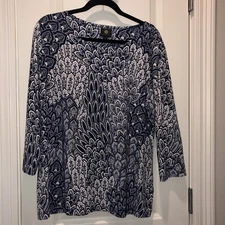 J M COLLECTION Women's Blouse XL Navy/White Stretchy 